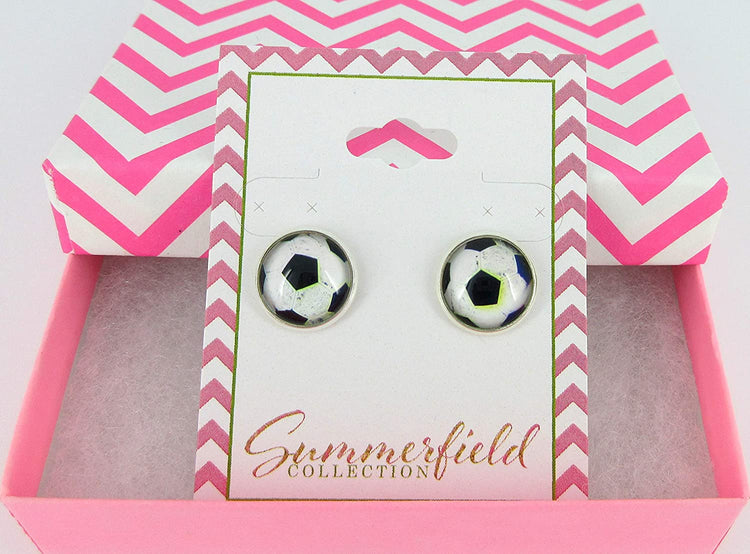 Silver-tone Soccer Ball Print Glass Stud Earrings 12mm