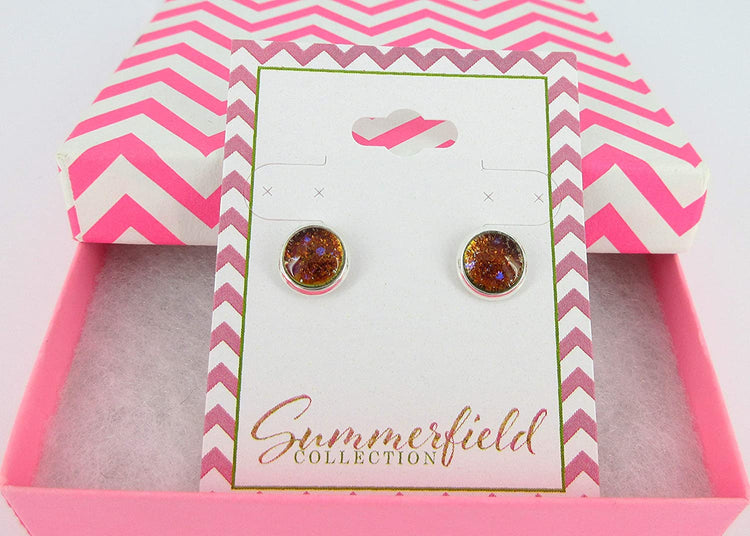 Silver-tone Bronze and Purple Glitter Glass Stud Earrings Hand-painted 8mm