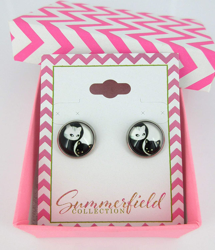 Stainless Steel Black and White Cat Face Yin Yang Print Glass Stud Earrings 12mm