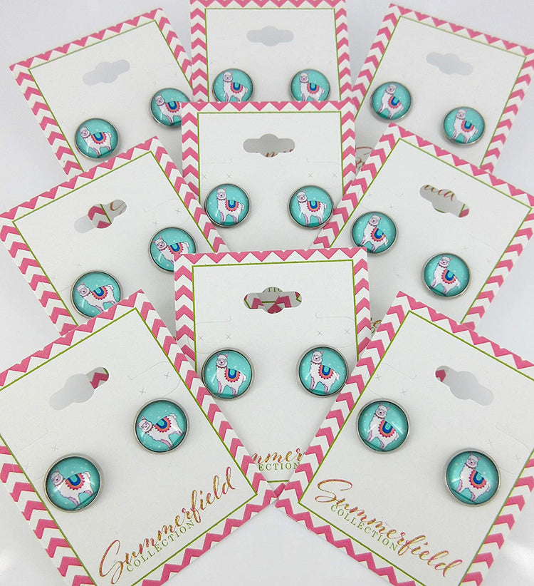 Stainless Steel Aqua Blue Llama and Cactus Print Glass Stud Earrings 12mm