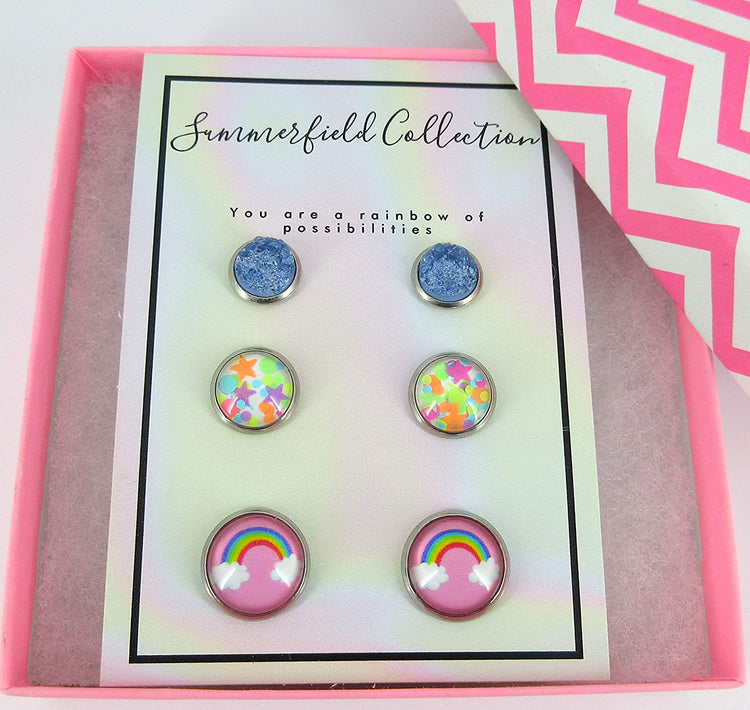 Stainless Steel Rainbow of Possibilities Trio Stud Earrings Set Faux Druzy Glass