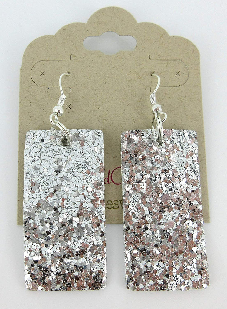 Silver Glitter Faux Leather Large Rectangle Dangle Earrings