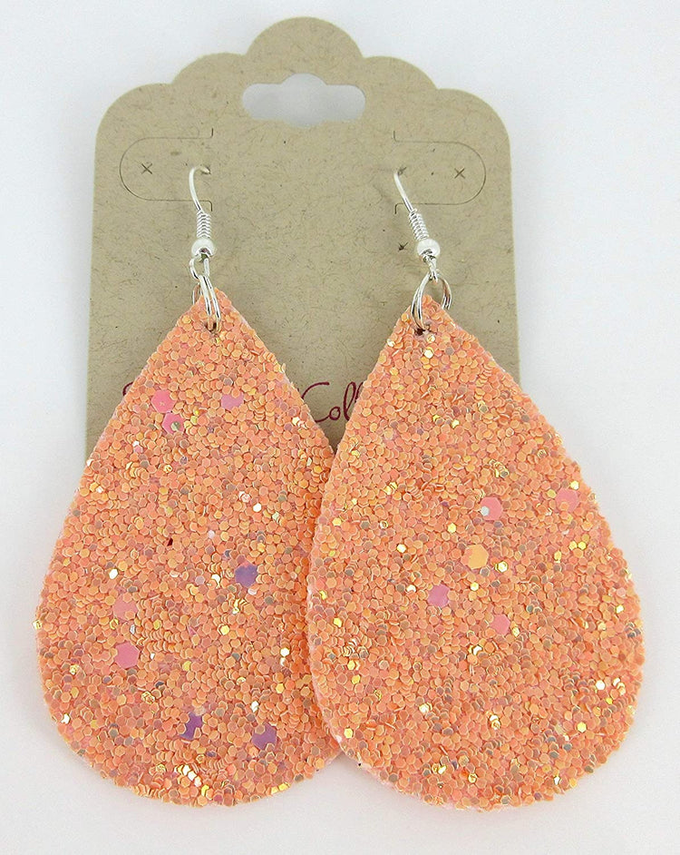 Pink Glitter Faux Leather Large Teardrop Dangle Earrings