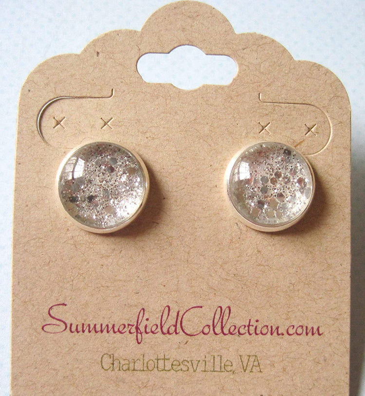 Silver-tone Glitter Glass Stud Earrings 12mm Hand-painted