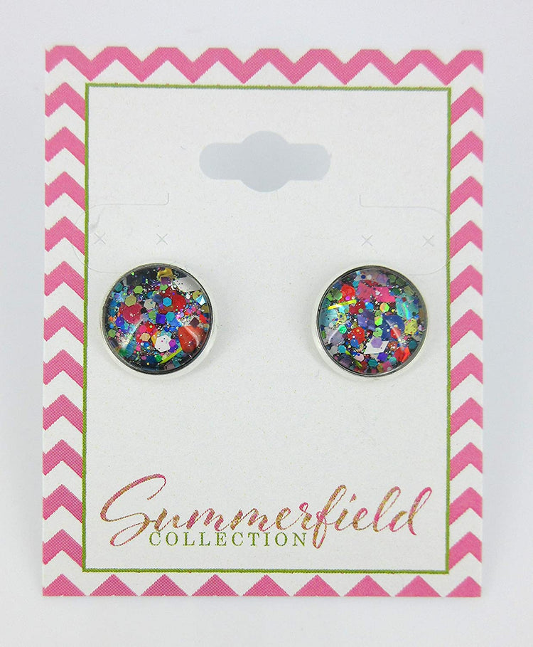 Silver-Tone Black and Multi-Color Confetti Glitter Glass Stud Earrings 1/2" Round