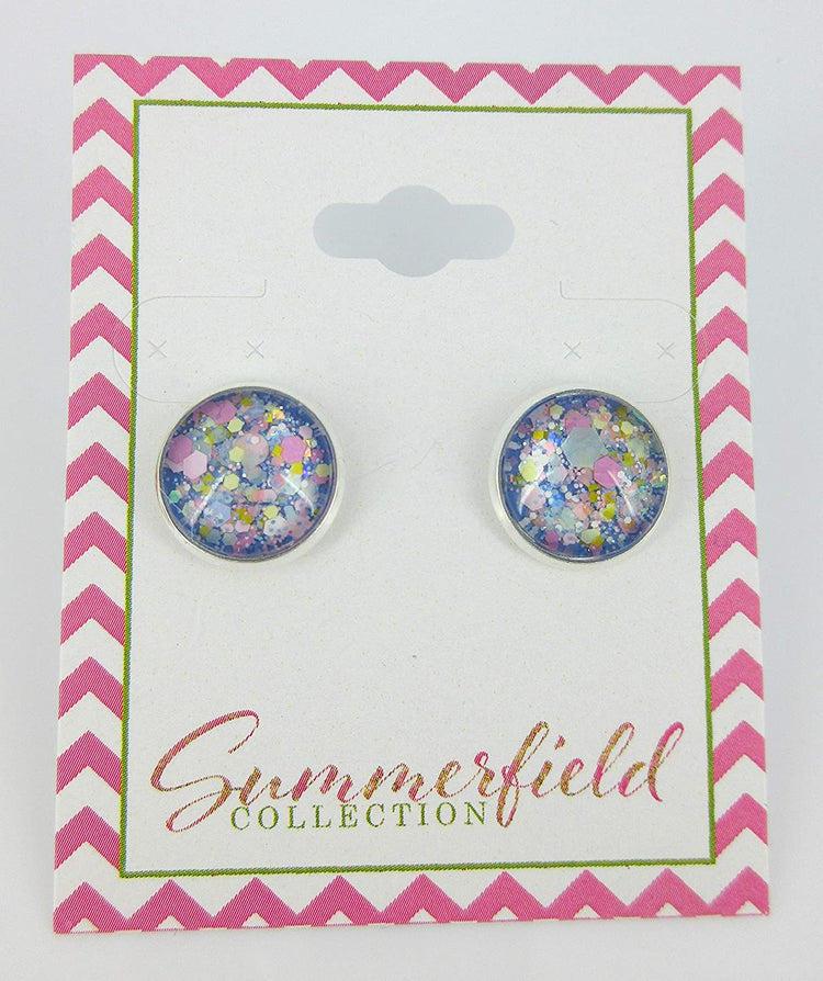Silver-Tone Blue Pastel Periwinkle Glitter Glass Stud Earrings 1/2" Round