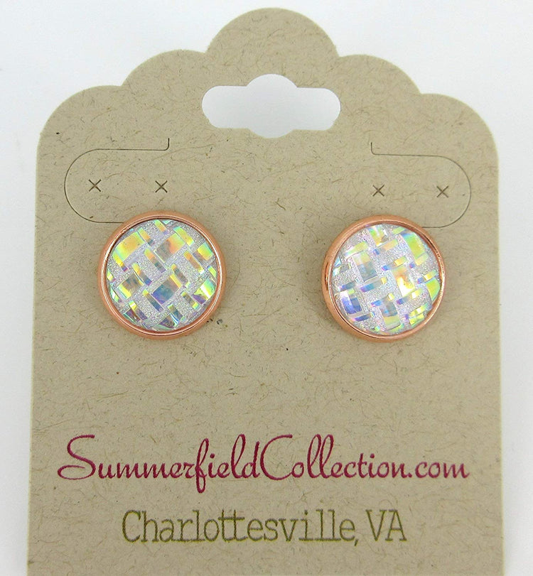 Rose Gold-tone Clear Frosted Metallic Rainbow Stud Earrings 12mm