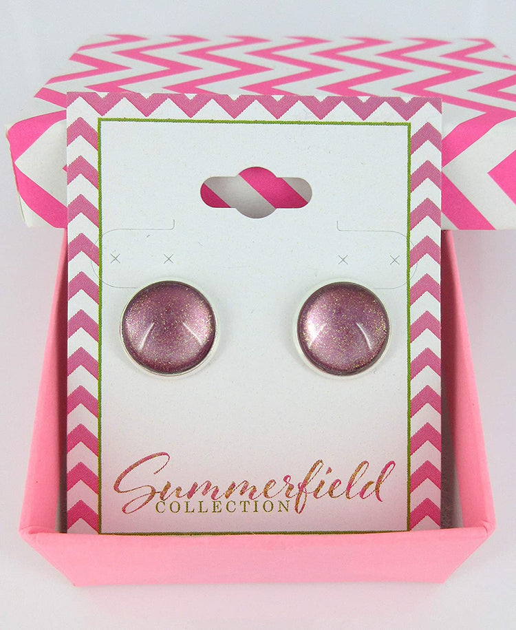 Silver-tone Metallic Mauve Glitter Glass Stud Earrings Hand-painted 12mm