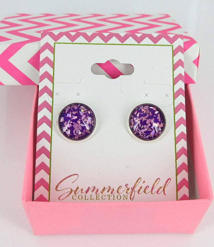 Silver-tone Purple Shard Glitter Glass Stud Earrings Hand-painted 12mm