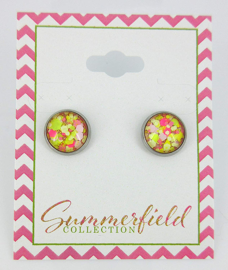 Stainless Steel Strawberry Lemonade Glitter Glass Stud Earrings Hand-painted 10mm