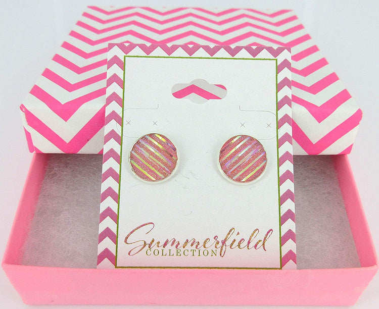 Silver-tone Frosted Metallic Stripe Stud Earrings 12mm (Light Pink AB)