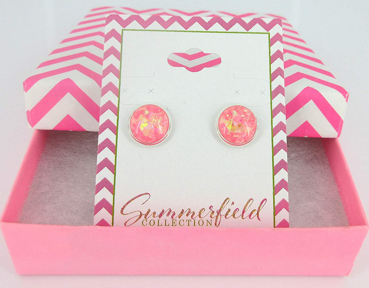 Shiny Silver-tone Opalescent Leaf Resin Stud Earrings 10mm (Cotton Candy Pink)