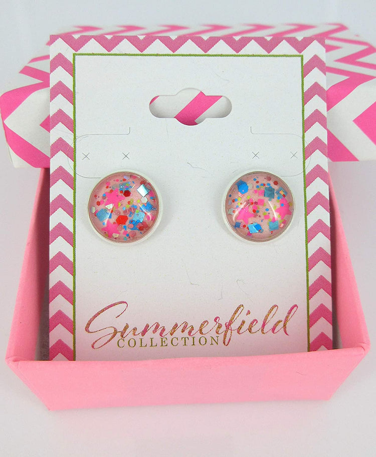 Silver-tone Bubblegum Pink Confetti Glitter Glass Stud Earrings Hand-painted 12mm