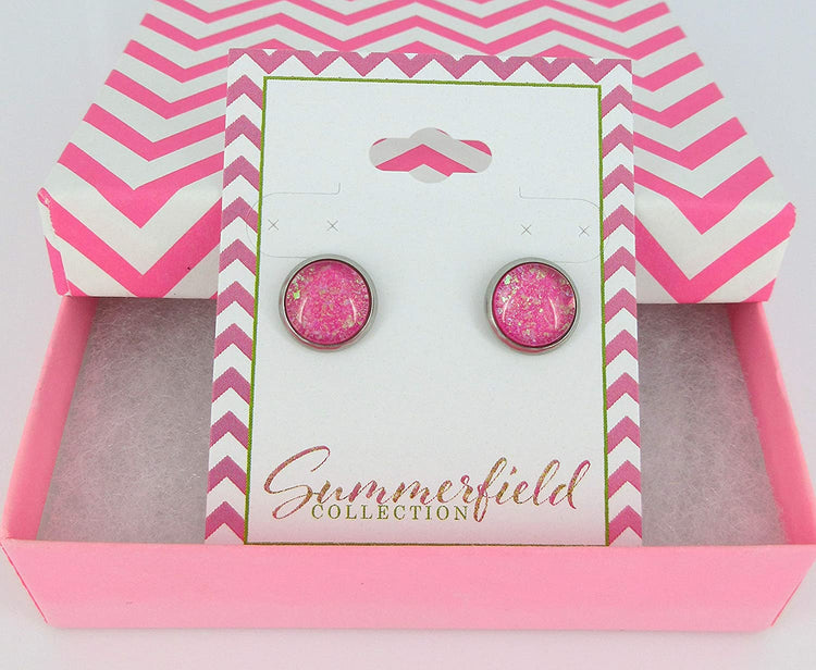 Stainless Steel Hot Pink and Iridescent Glitter Glass Stud Earrings Hand-painted 10mm