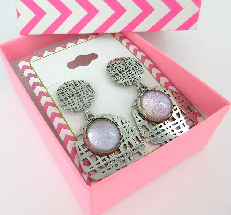 Stainless Steel Colorshifting Glitter Glass Geo Drop Earrings