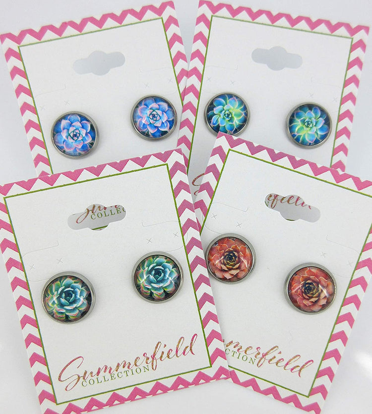 Stainless Steel Succulent Plant Print Glass Stud Earrings 12mm