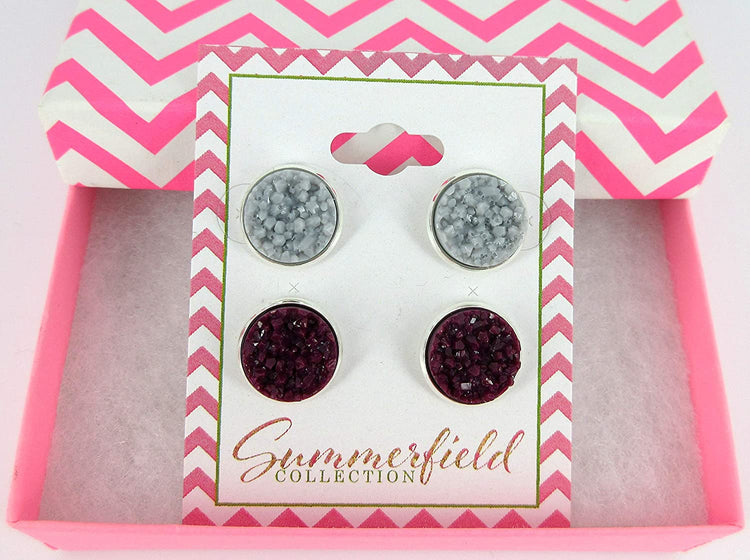 Duo Stud Earrings Silver-tone Gray and Eggplant Faux Druzy Stone 12mm Set