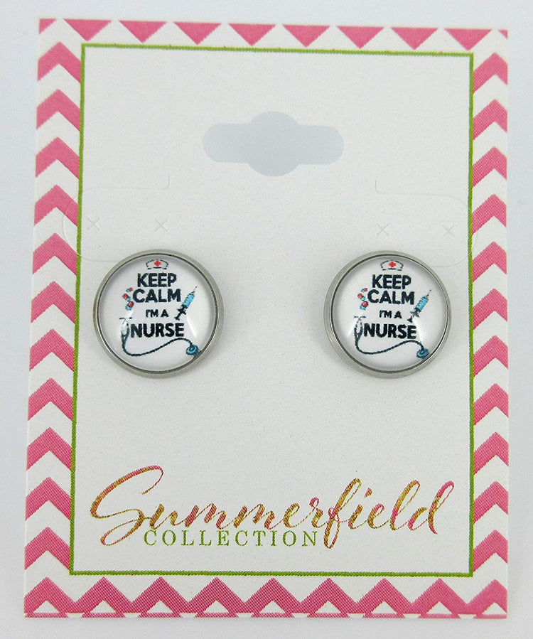 Stainless Steel Keep Calm I'm a Nurse Print Glass Stud Earrings 12mm White Black Red
