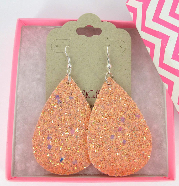 Pink Glitter Faux Leather Large Teardrop Dangle Earrings