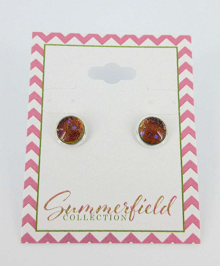 Silver-tone Bronze and Purple Glitter Glass Stud Earrings Hand-painted 8mm