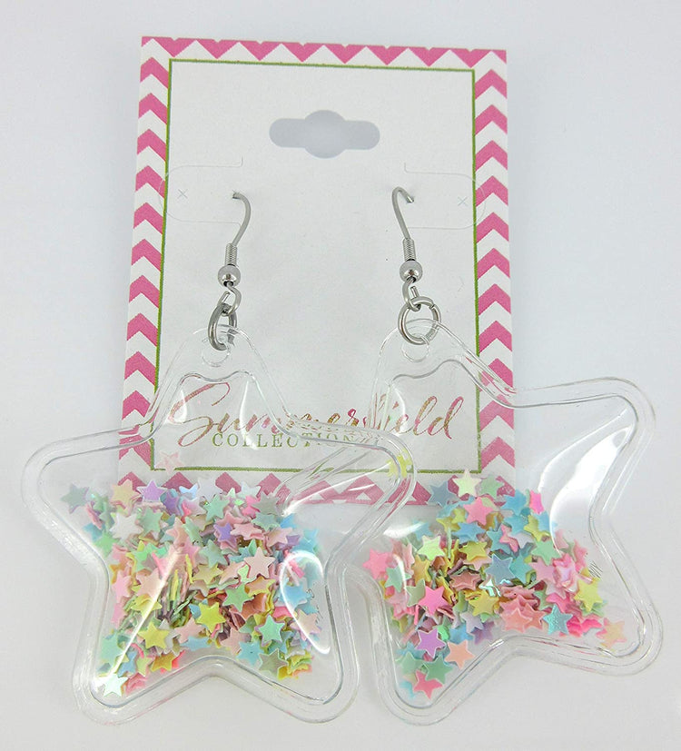 Multi Color Confetti Glitter Shaker Large Star Dangle Earrings Stainless Steel
