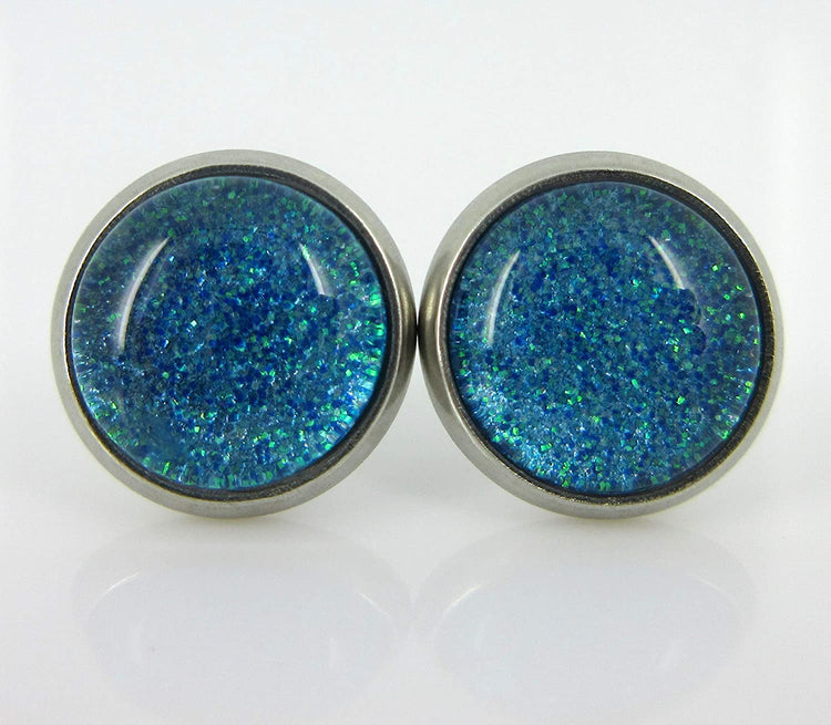 Stainless Steel Blue Green Glitter Glass Stud Earrings Hand-painted 10mm