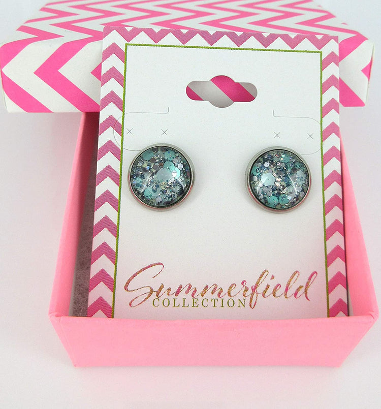 Stainless Steel Mint Green and Silver Glitter Glass Stud Earrings Hand-painted 12mm