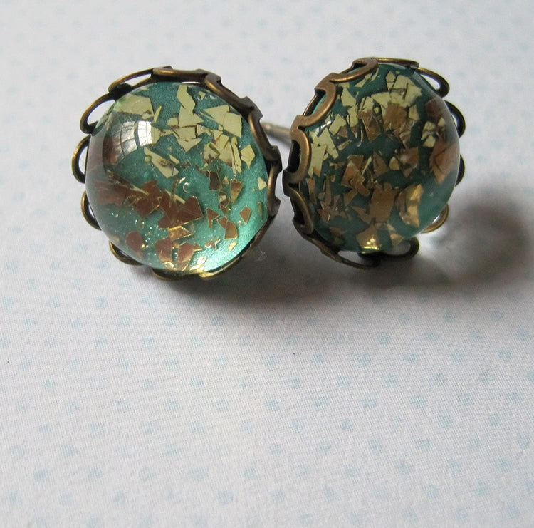 Antiqued Gold-tone Teal Blue Green Glitter Glass Stud Earrings Hand-painted 12mm