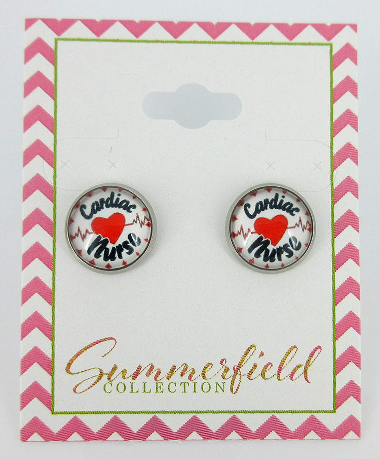 Stainless Steel Cardiac Nurse Print Glass Stud Earrings 12mm White Black Red