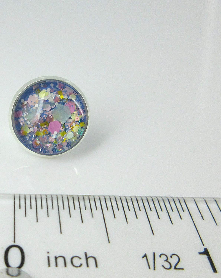 Silver-Tone Blue Pastel Periwinkle Glitter Glass Stud Earrings 1/2" Round