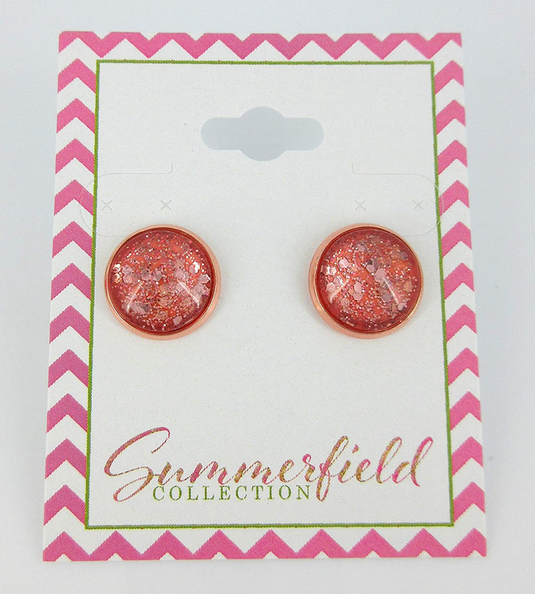 Rose Gold-tone Blush Pink Glitter Glass Stud Earrings Hand-painted 12mm