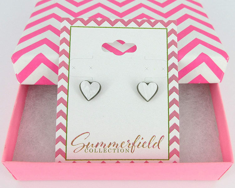 Stainless Steel Pearly White Acrylic Heart Stud Earrings 8mm