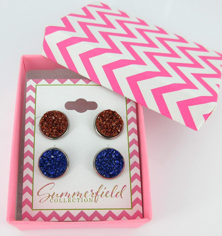 Duo Stainless Steel Glitter Faux Druzy Stone Stud Earrings Set
