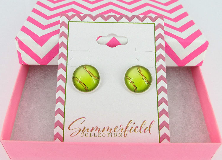 Silver-tone Softball Print Glass Stud Earrings 12mm