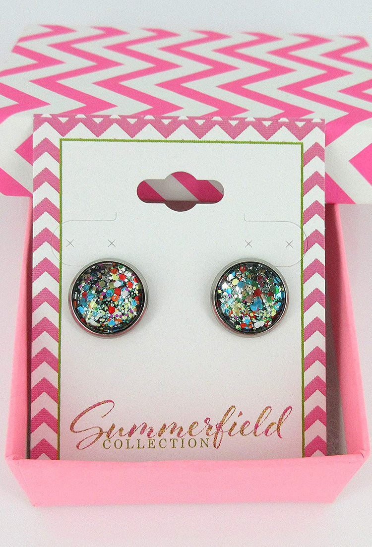 Stainless Steel Multi Color Party Confetti Glitter Glass Stud Earrings Hand-painted 12mm