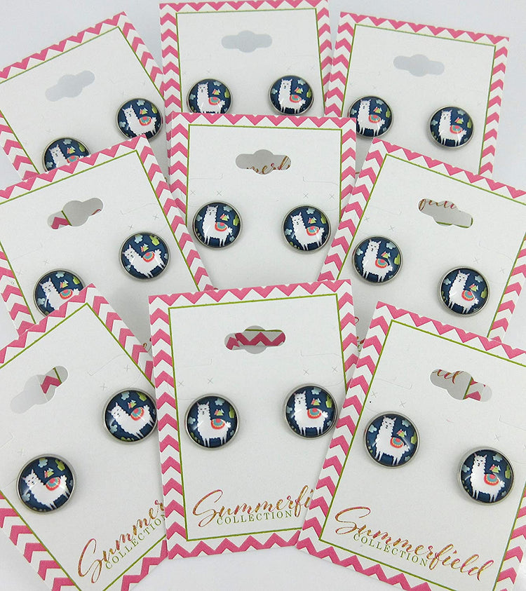 Stainless Steel Llama Print Glass Stud Earrings 12mm (Navy Blue)