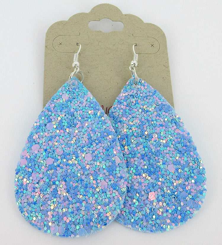 Silver-tone Glitter Faux Leather Large Teardrop Dangle Earrings