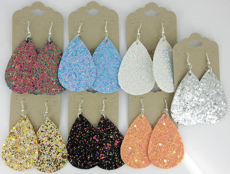 Pink Glitter Faux Leather Large Teardrop Dangle Earrings