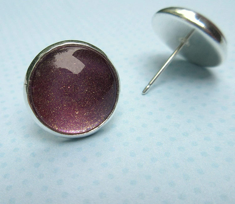 Silver-tone Metallic Mauve Glitter Glass Stud Earrings Hand-painted 12mm