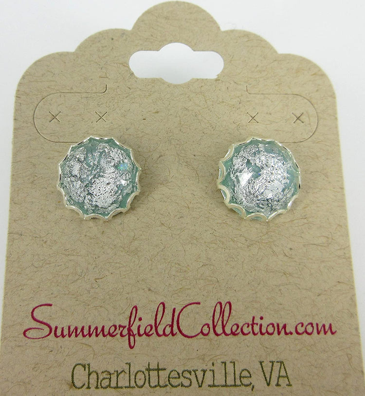 Silver Foil Light Dusty Blue Faceted Resin Stud Earrings 12mm