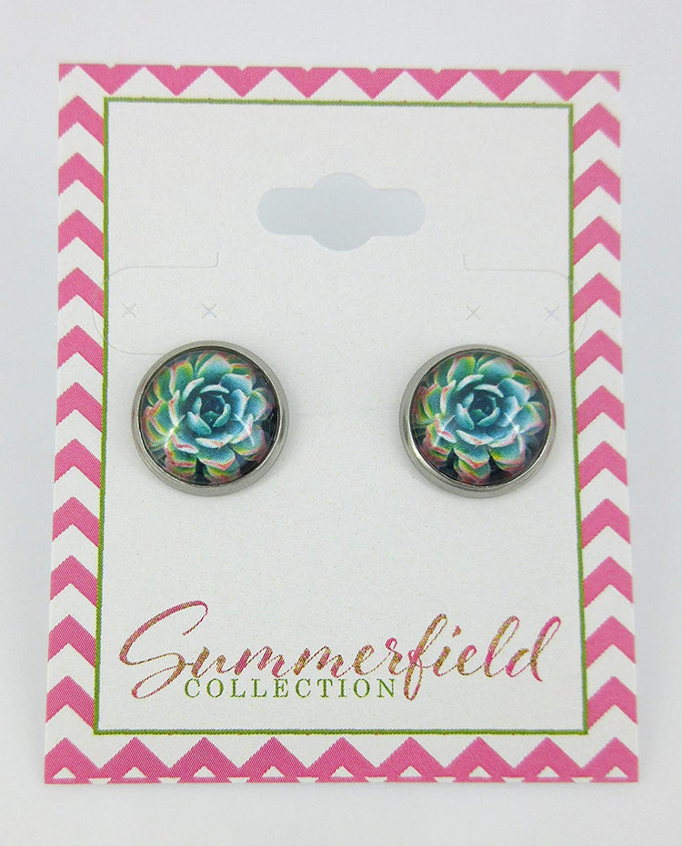 Stainless Steel Succulent Plant Print Glass Stud Earrings 12mm