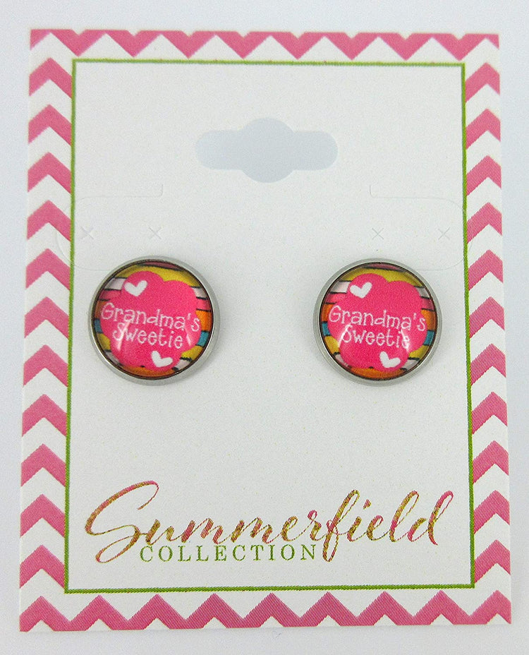 Stainless Steel Grandma's Sweetie Print Glass Stud Earrings 12mm Pink