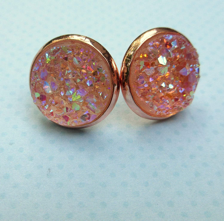 Rose Gold-tone Blush AB Faux Druzy Stone Stud Earrings 12mm
