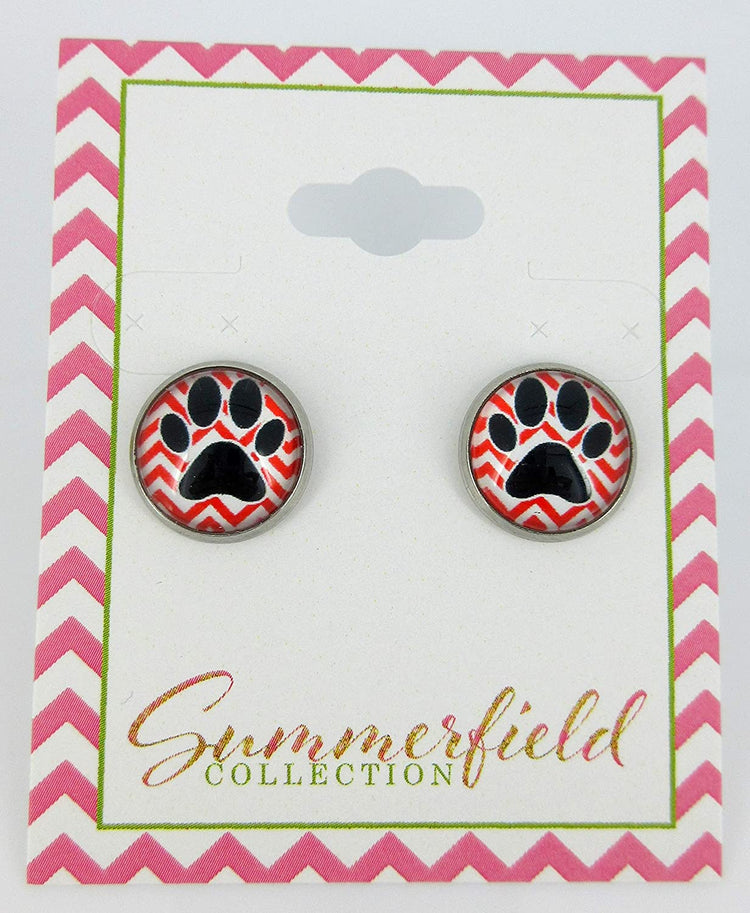 Stainless Steel Red Chevron and Black Paw Print Pink Glass Stud Earrings 12mm