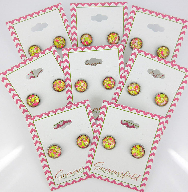 Stainless Steel Strawberry Lemonade Glitter Glass Stud Earrings Hand-painted 10mm