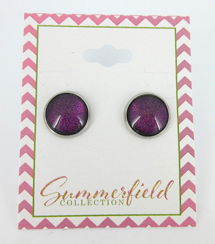 Stainless Steel Purple and Red Glitter Glass Stud Earrings Hand-painted 12mm