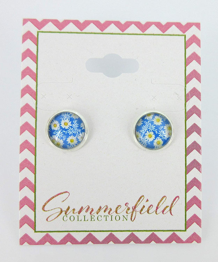 Silver-tone Daisy Flower Print Glass Stud Earrings 10mm