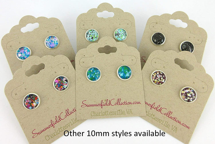 Silver-tone Aqua Blue and Green Glitter Glass Stud Earrings Hand-painted 10mm