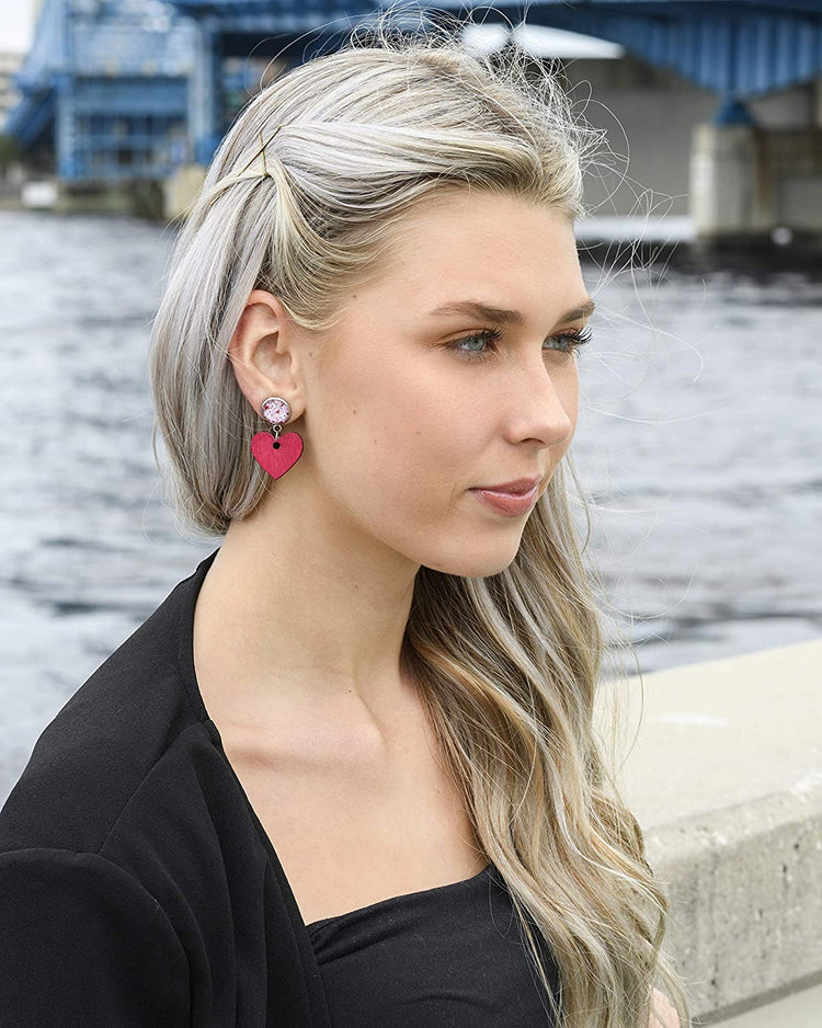 Stainless Steel Pink White Glitter Glass Red Heart Wood Drop Earrings