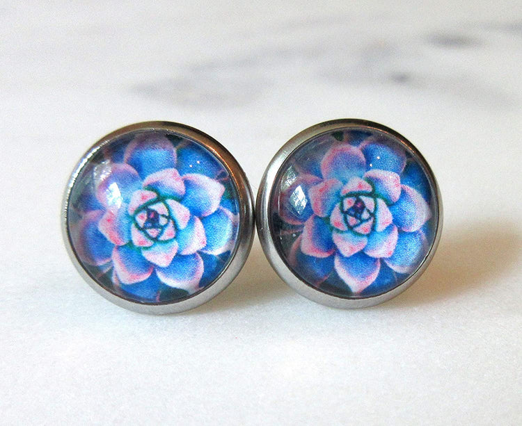 Stainless Steel Pink and Blue Succulent Plant Print Glass Stud Earrings 12mm